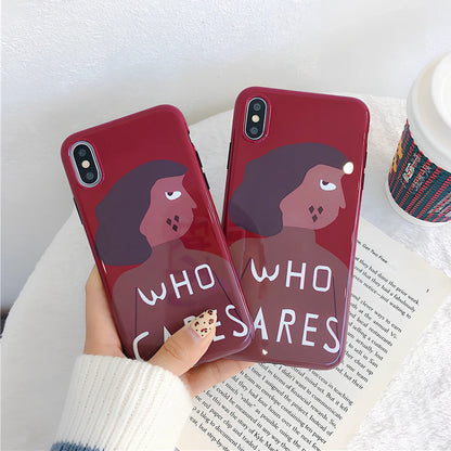 Wine red silicone iPhone case with Japanese-Korean brown girl illustration design and protective edges