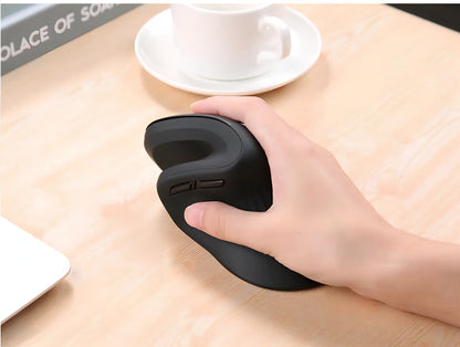 Black wireless vertical mouse with 6 buttons, ergonomic grip, and adjustable DPI display on desk surface