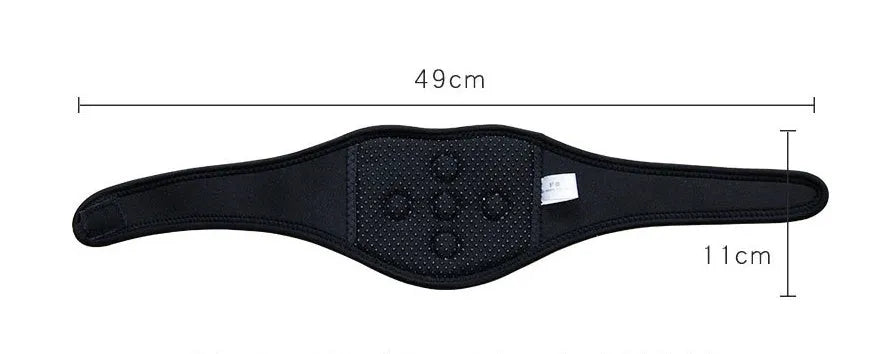 Black self-heating magnetic neck guard with adjustable shoulder strap shown laid flat.