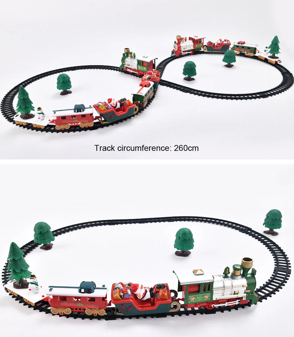 Christmas toy train set with lights and sounds on railway tracks