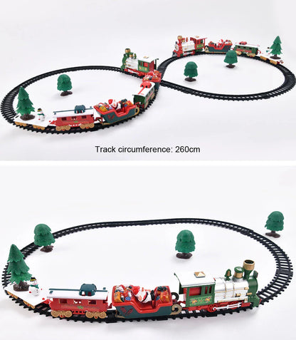 Christmas toy train set with lights and sounds on railway tracks