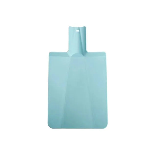 Green folding plastic cutting board 37.5cm x 21cm with non-slip texture and hanging hole on a kitchen counter