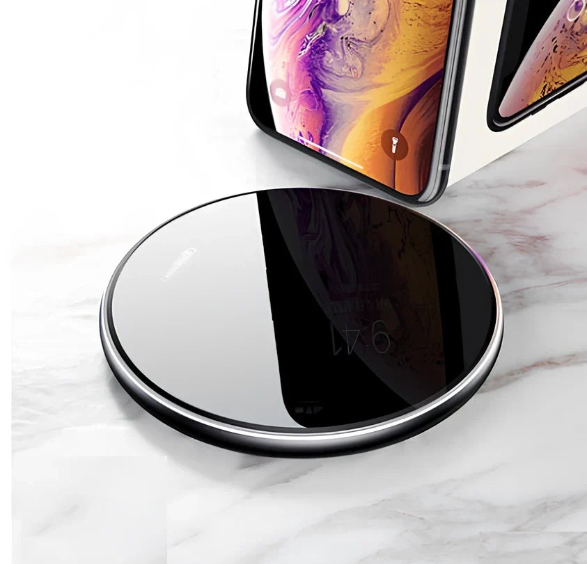 Black 15W wireless charger pad with Micro USB cable for fast phone charging