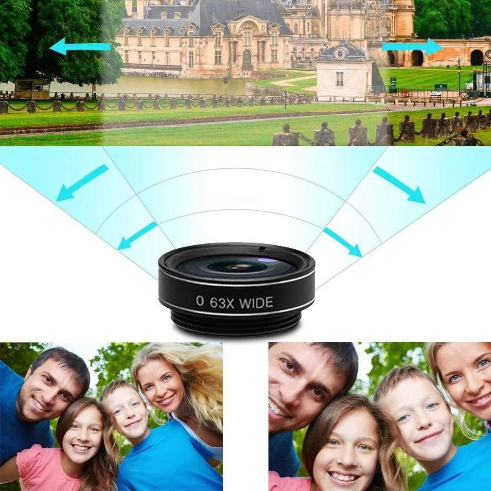 Black 10-in-1 mobile phone camera lens kit with fisheye macro and wide angle attachments