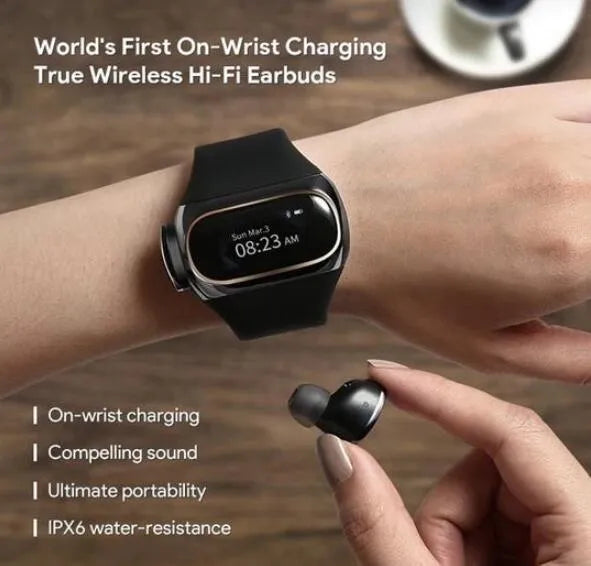 2 in 1 wireless earphone bracelet with silicone wristband in black, showing touch control and charging port
