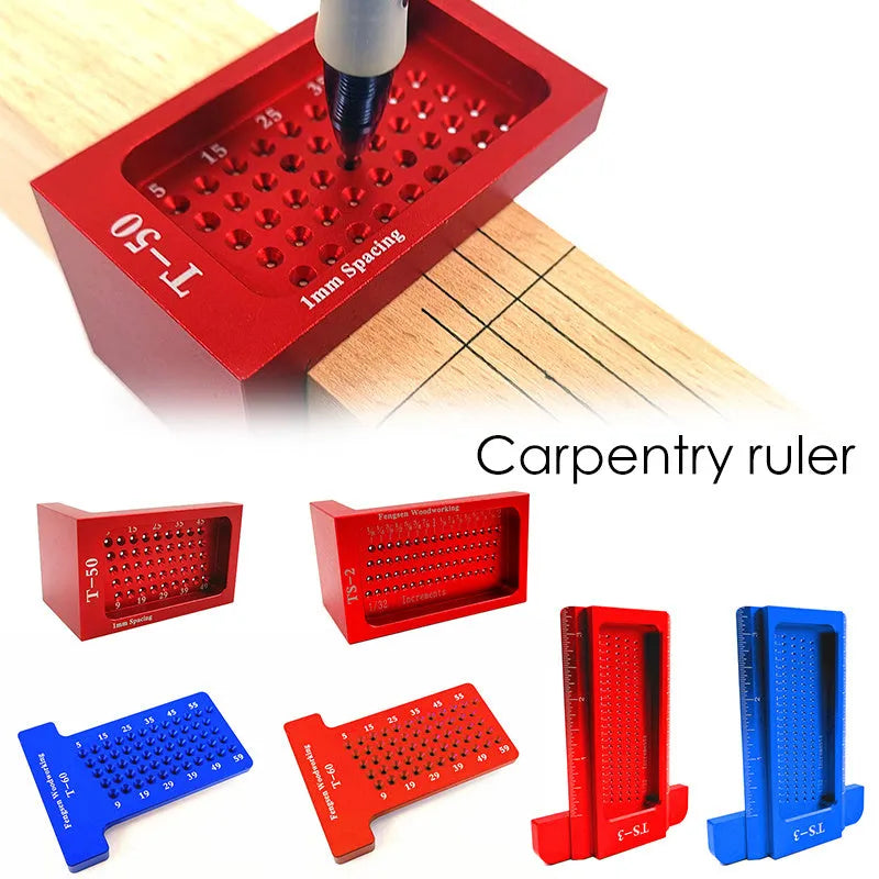 Red alloy steel T50 Mini Scribe woodworking ruler on a wooden workbench