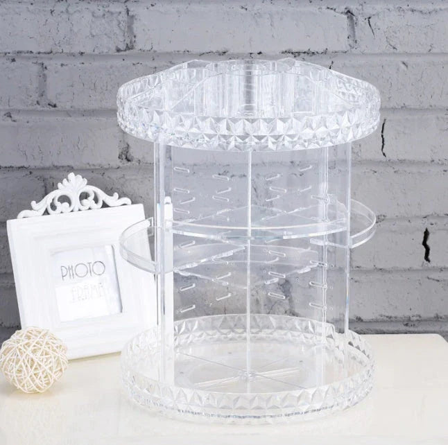 Diamond wave 360 Rotating Makeup Organizer with customizable shelves on a vanity