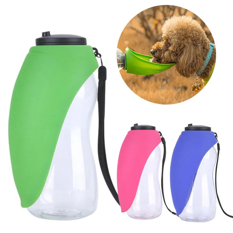 Blue plastic pet water bottle with drinking bowl, 680ml capacity, water lock key