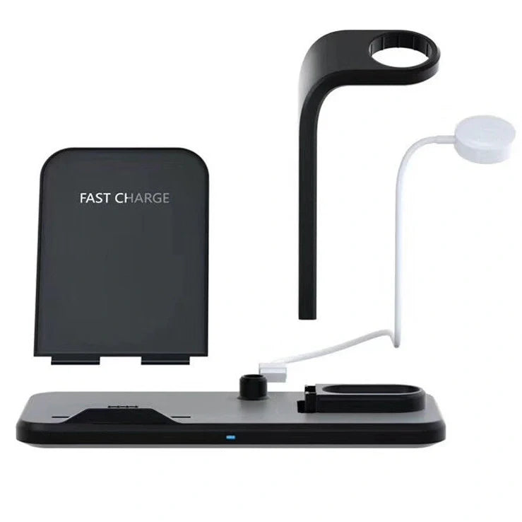 Black wireless charger bracket showing phone charging position with 10W output and dual USB ports