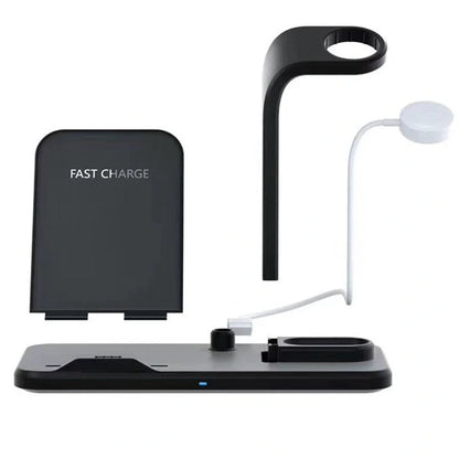 Black wireless charger bracket showing phone charging position with 10W output and dual USB ports