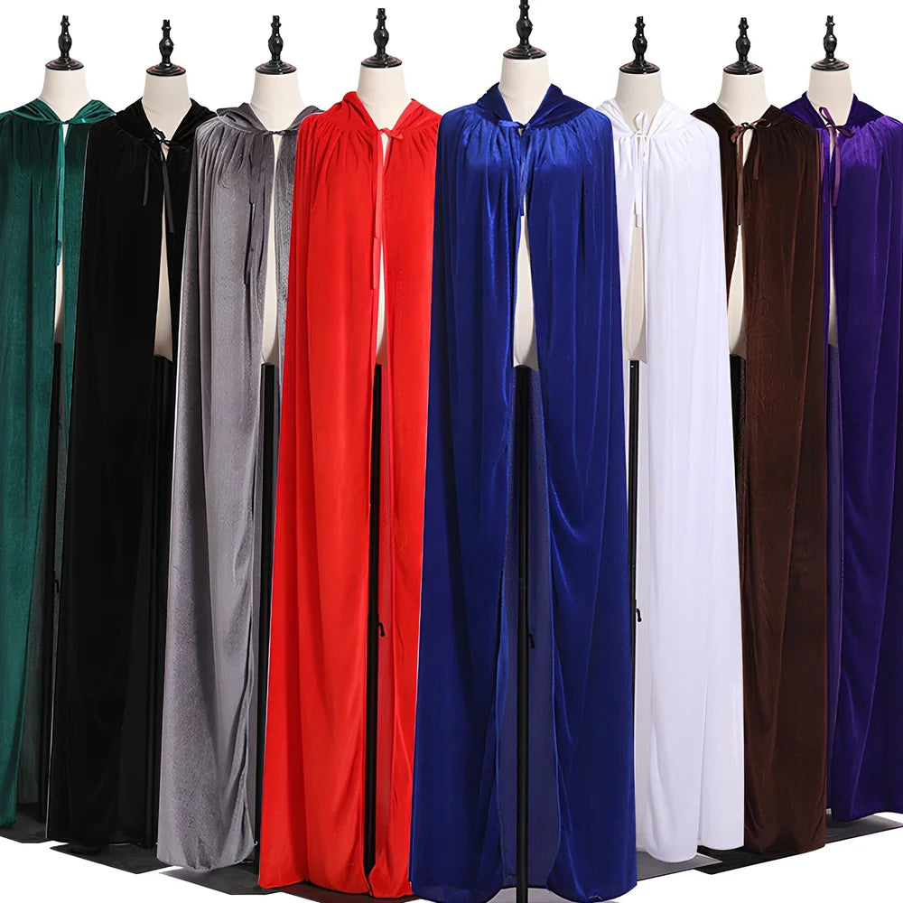Golden velvet Halloween cloak in purple, 130 cm length with 48 cm hood and neck tie for wizard cosplay