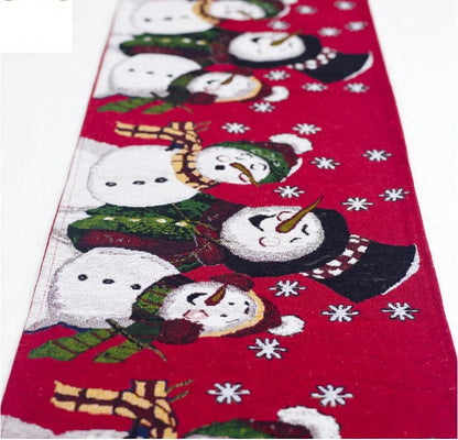 Christmas Elk Snowman Table Runner in festive colors, perfect for holiday decor