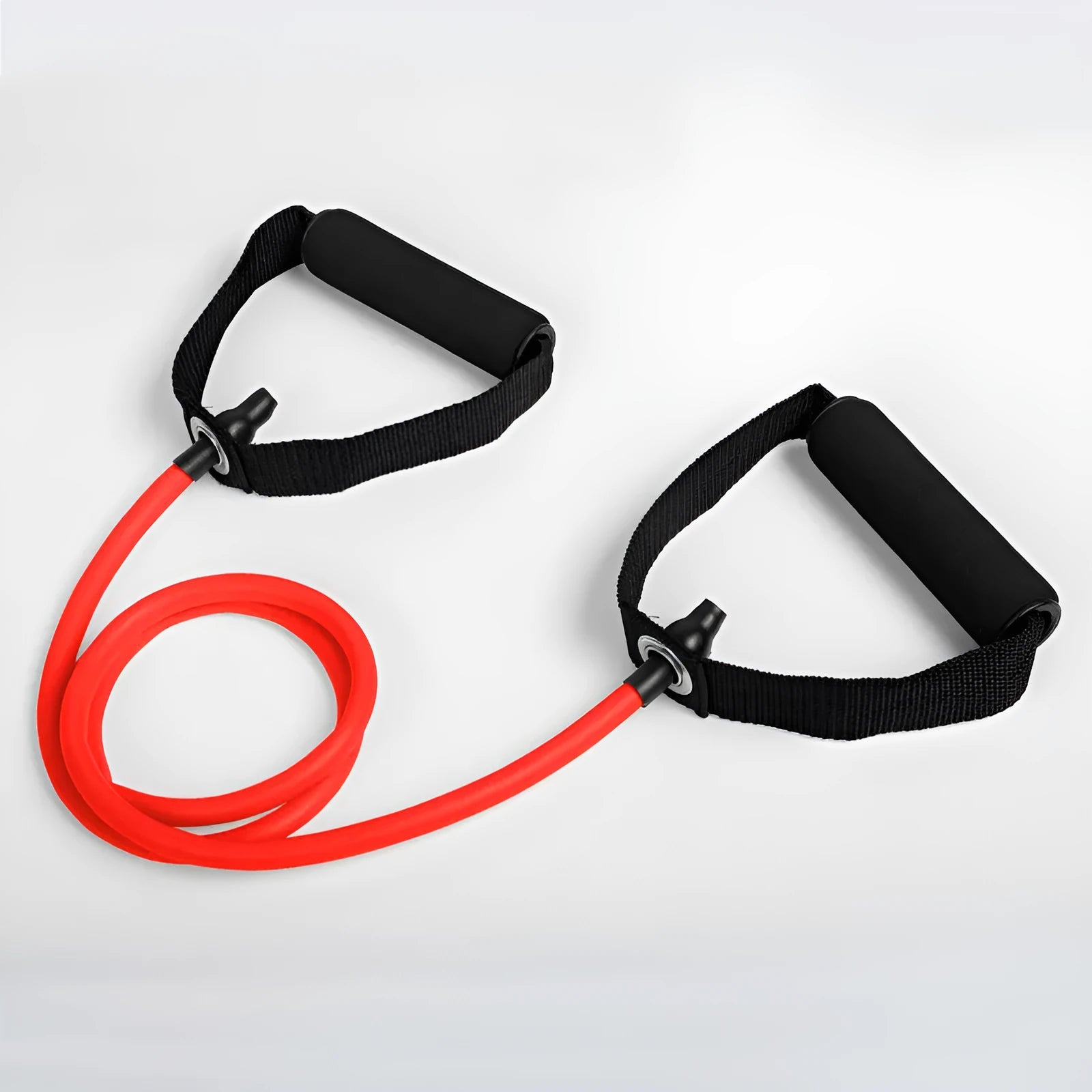 Five colour-coded latex resistance band pull ropes in black, blue, green, purple, red, and yellow on light background