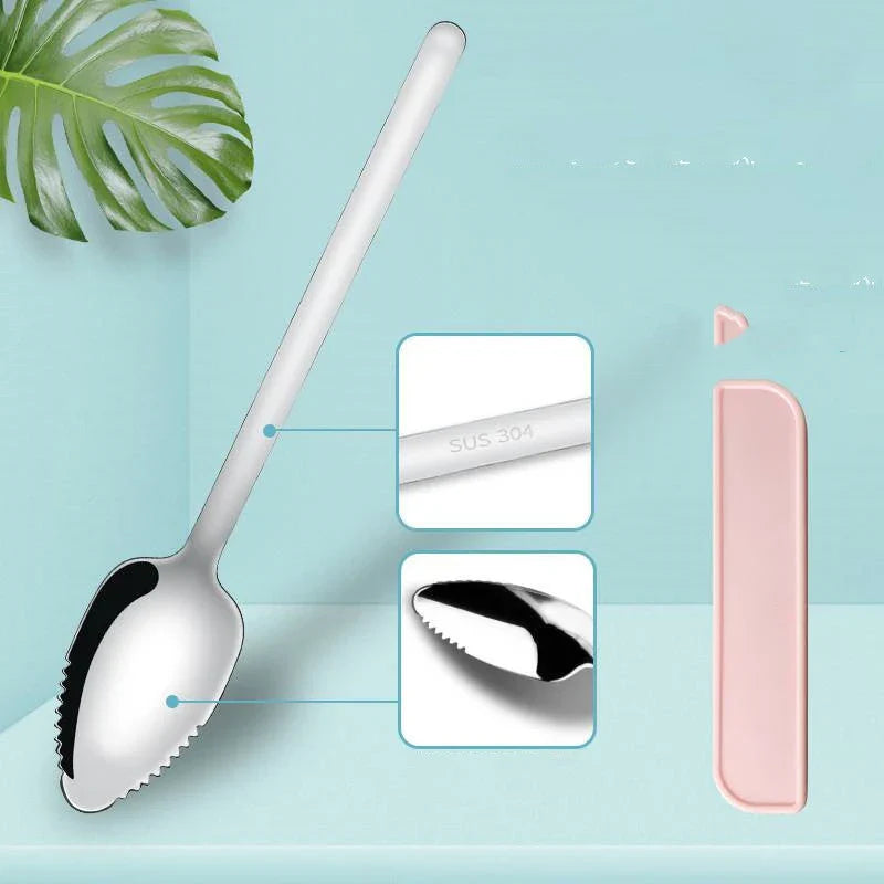 Stainless steel sawtooth scraping spoon for grapefruit and desserts in sky blue, cherry pink, and mint green