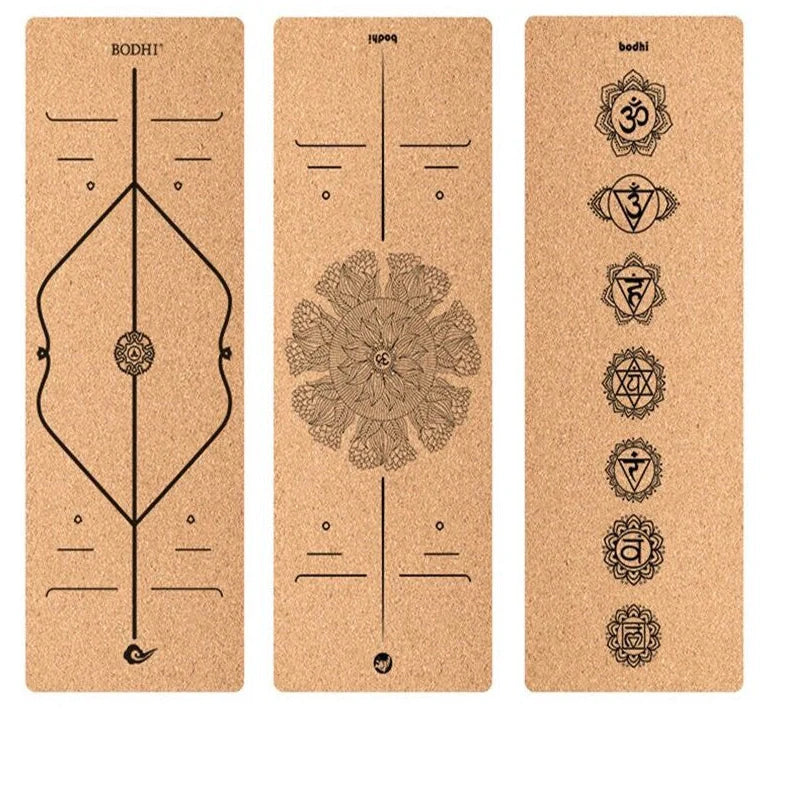 Cork yoga mat with asana guide lines measuring 183cm by 65cm by 6mm thickness, available in four distinct patterns including mandala and chakra designs for enhanced practice alignment