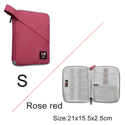 BUBM double-layer XL travel cable organizer in black, with compartments for USB, phone, charger, iPad cables, 25cm x 15cm x 10cm