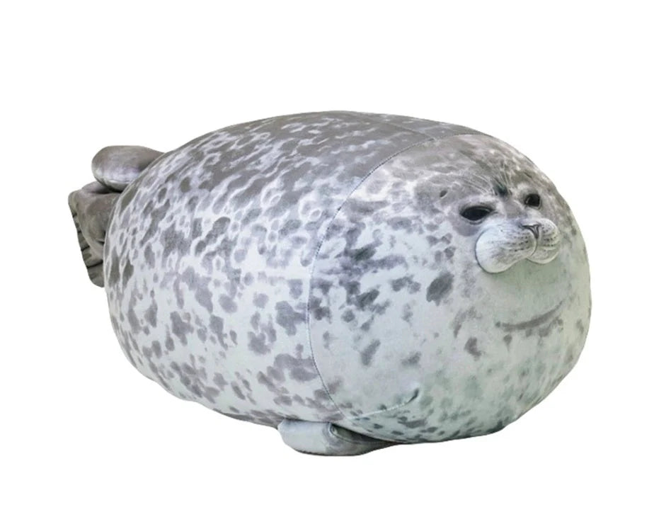 Large grey and white seal plush toy in various sizes for decoration and cuddling