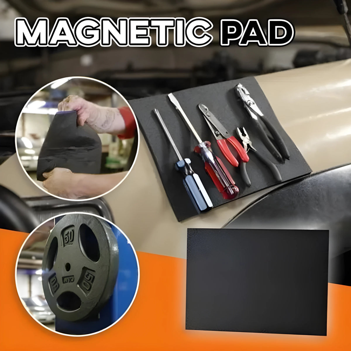 Magnetic pad 300x200x3mm in black, holding metal tools on a car bonnet