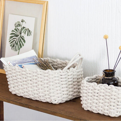 Nordic Wind Hand-woven Thick Cotton Rope Storage Box in white and grey