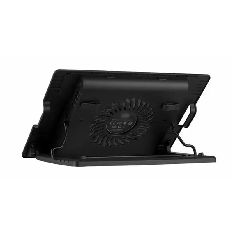 Black notebook cooler with 14cm LED fan, metal mesh surface, two adjustable props and dual USB ports