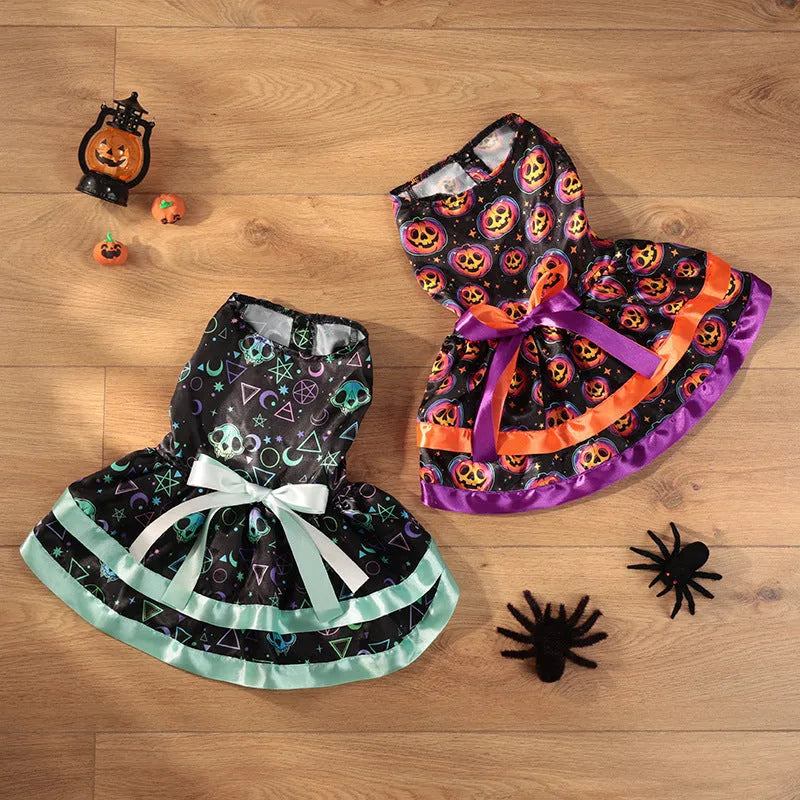 Halloween dog skirt in colourful pumpkin print, size medium, on a mannequin.
