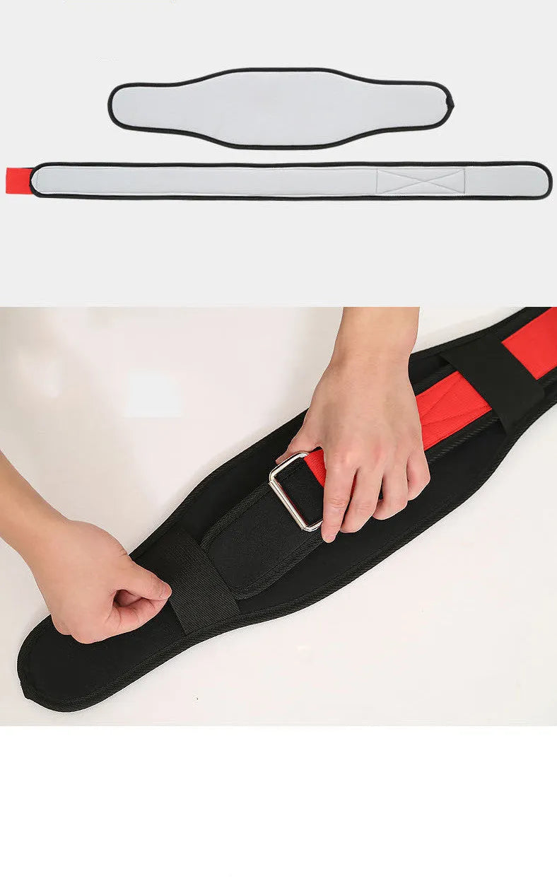 Nylon fitness weightlifting waistband for adults in black, red, or yellow colours, available in L, M, and XL sizes.