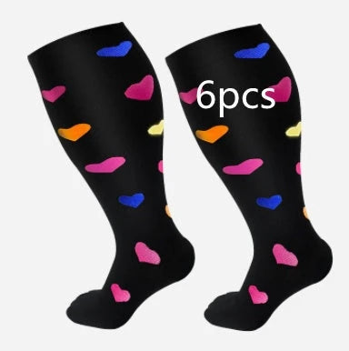 Plus-size compression socks in various stylish patterns for improved leg health and comfort