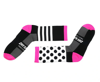 Pair of black powder compression cycling socks in size L, featuring stripe mesh pattern, 40-45cm long tube for breathable four-season support