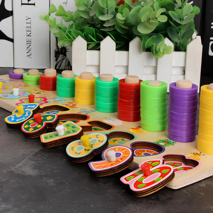 Wooden 3D alphabet number puzzle board 42x16x8 cm with geometric letter and number pieces in ocean blue theme