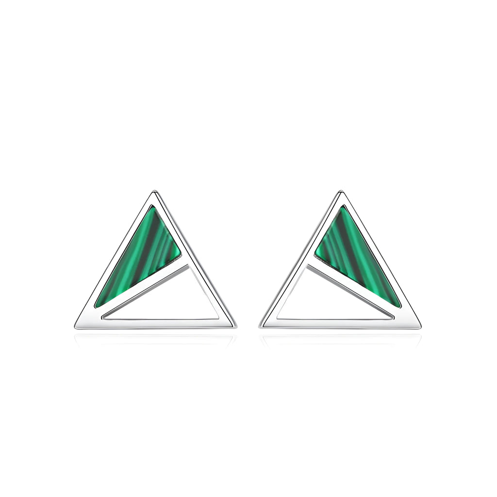 Geometric malachite stud earrings in silver with green colour, Korean style, pure silver inlay