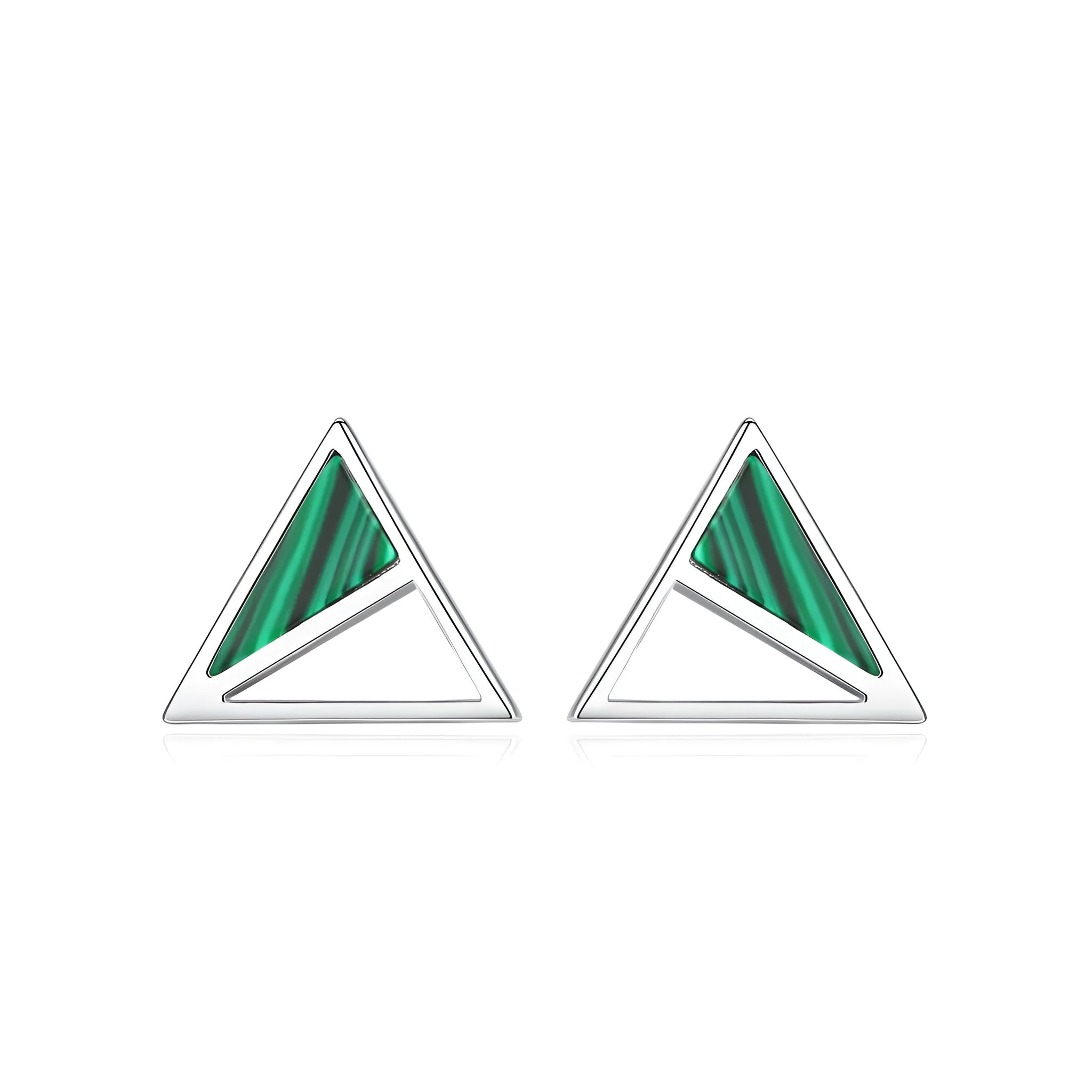 Geometric malachite stud earrings in silver with green colour, Korean style, pure silver inlay