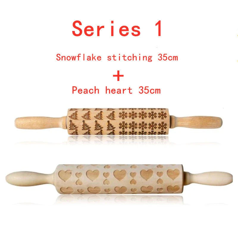 Wooden Christmas embossing rolling pin with non-stick surface for festive baking