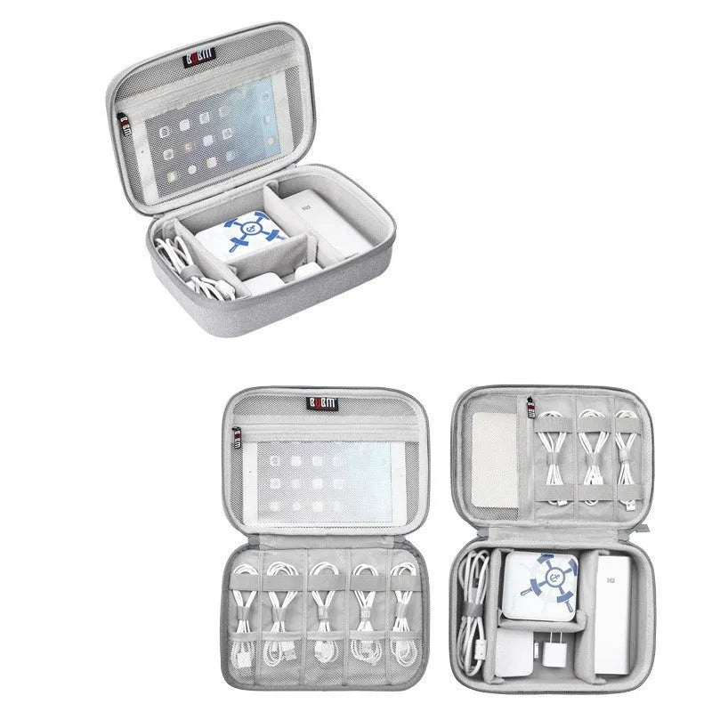 Black EVA digital storage bag shaped like a handbag for organising headphones and cables.