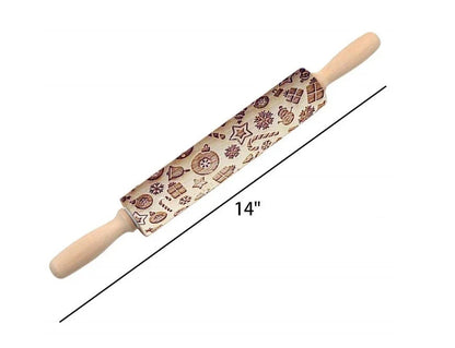 Wooden Christmas embossing rolling pin with non-stick surface for festive baking