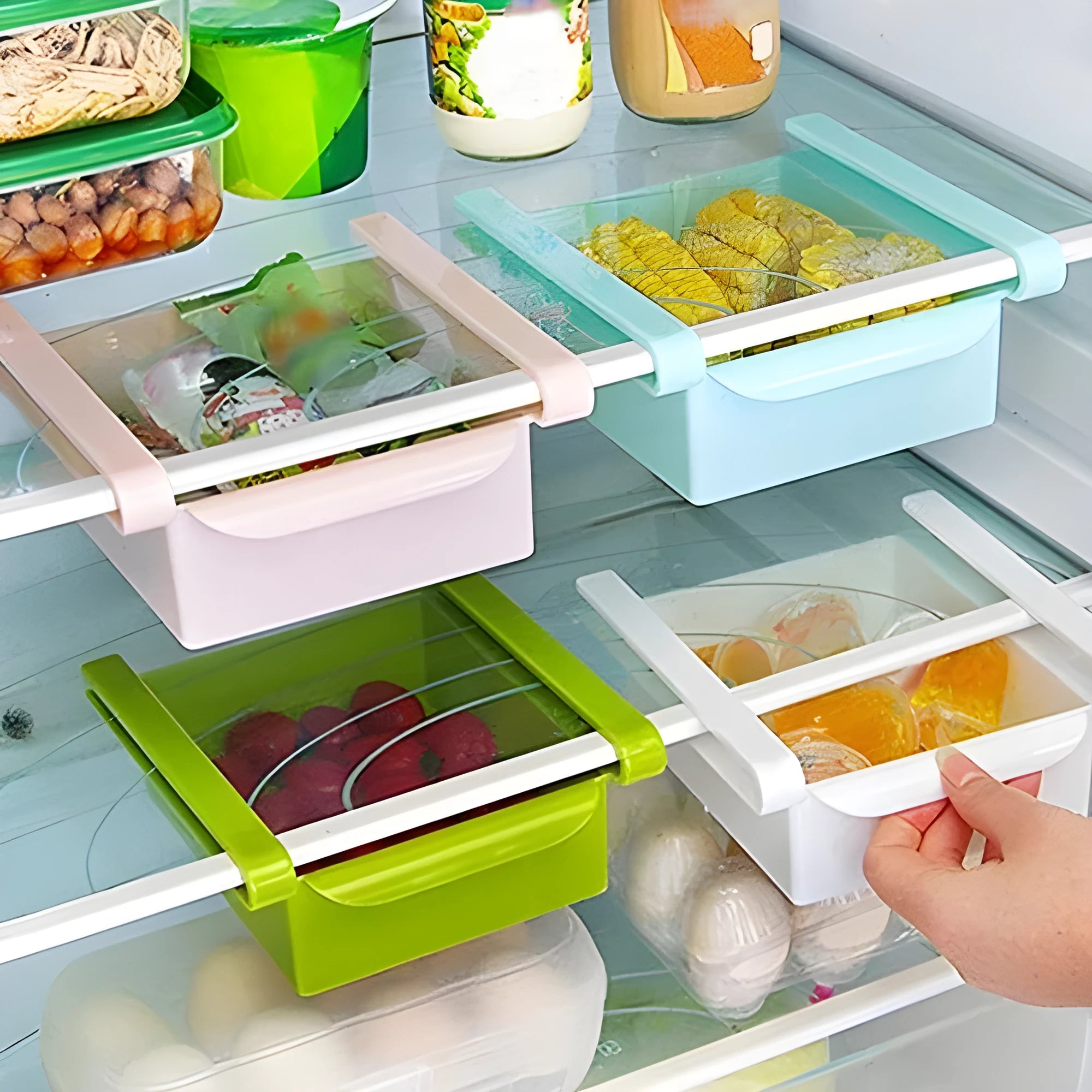 PP plastic hanging refrigerator clapboard storage rack with drawer design in assorted colours