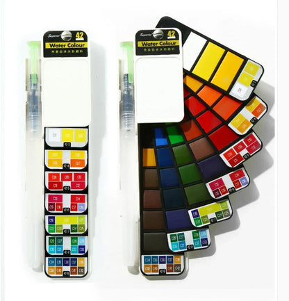 Compact foldable watercolor paint set with brush pen and 42 vibrant colors