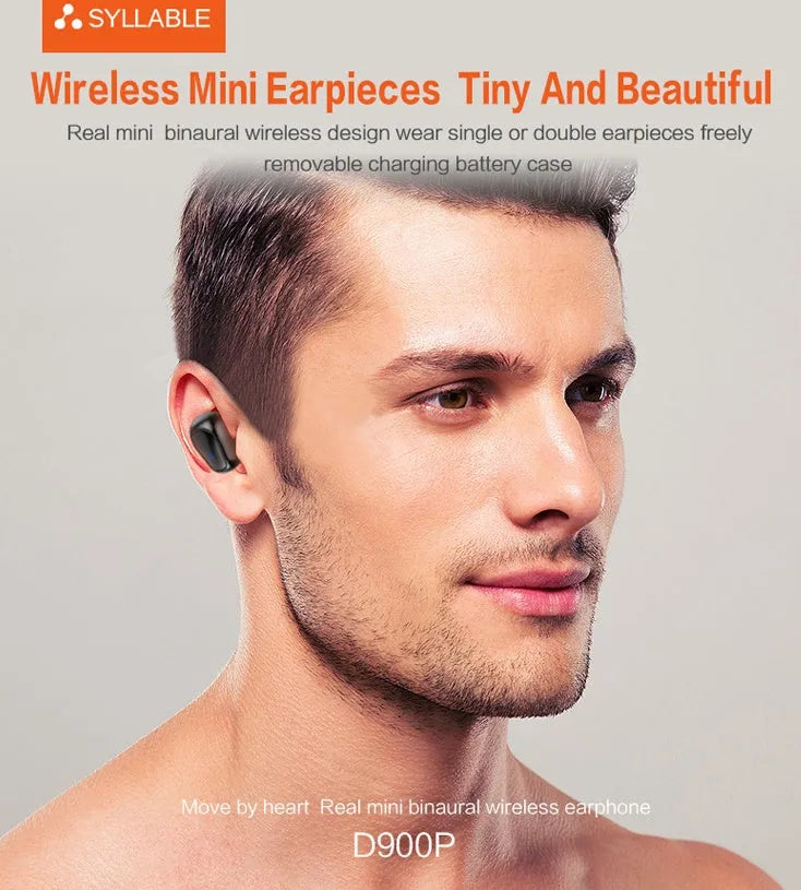 Black TWS wireless sports earbuds displayed next to their compact mini charging case.