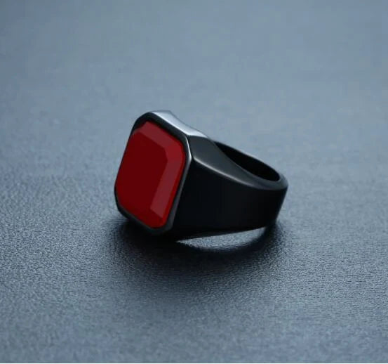 Men's geometric stainless steel black agate ring in silver, gold, red, and black