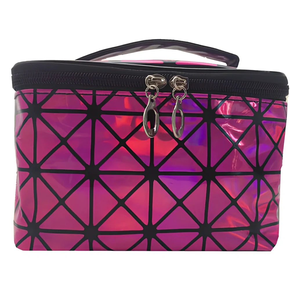 3D laser engraved cosmetic bag in blue, 19cm x 12cm x 13cm, with structured compartments for makeup storage