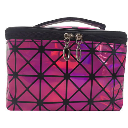 3D laser engraved cosmetic bag in blue, 19cm x 12cm x 13cm, with structured compartments for makeup storage