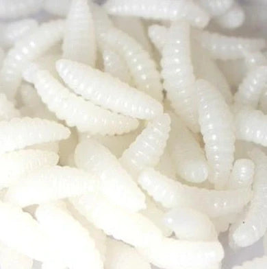 50 artificial maggot fishing lures showing segmented body design and colour variations