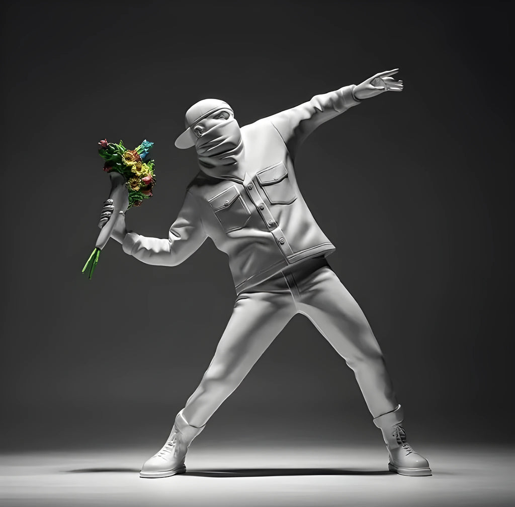 Banksy Throw Flower Boy polystone sculpture 44 cm black version on a shelf