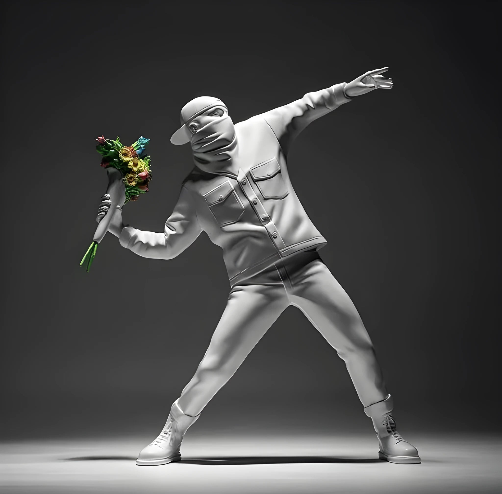 Banksy Throw Flower Boy polystone sculpture 44 cm black version on a shelf