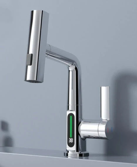 Sleek digital faucet with 360-degree swivel spout and LED temperature display for modern kitchen or bathroom