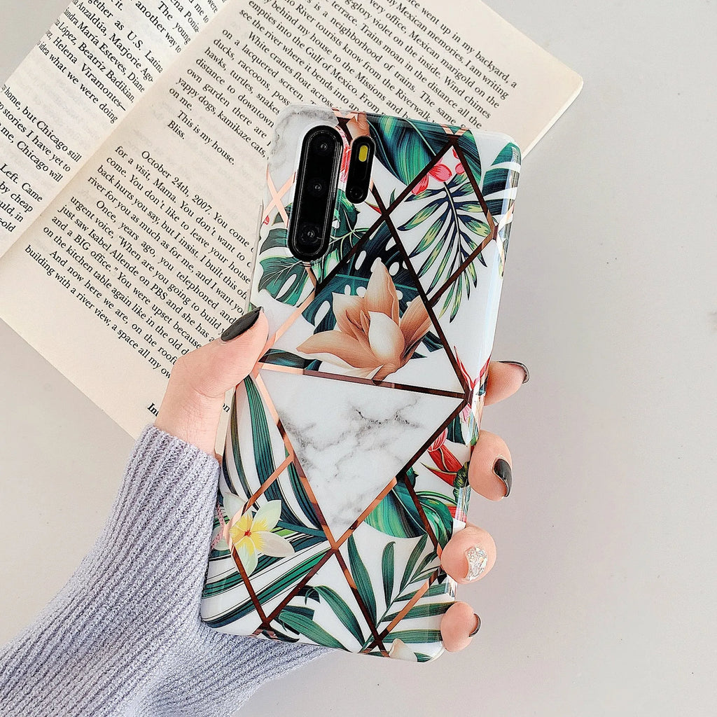 Huawei phone case with white floral lattice pattern on a coloured TPU PC back cover.