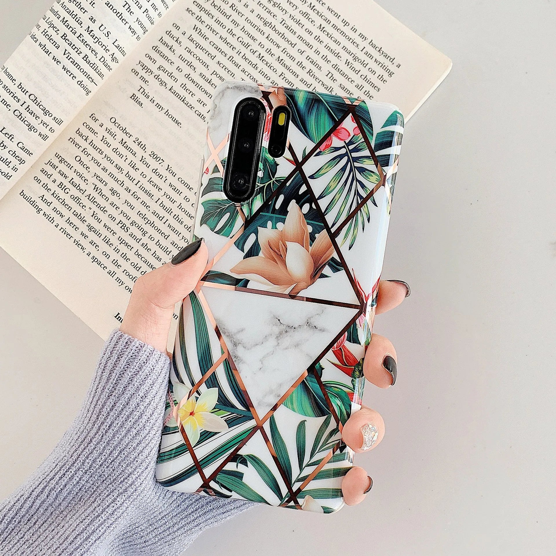Huawei phone case with white floral lattice pattern on a coloured TPU PC back cover.