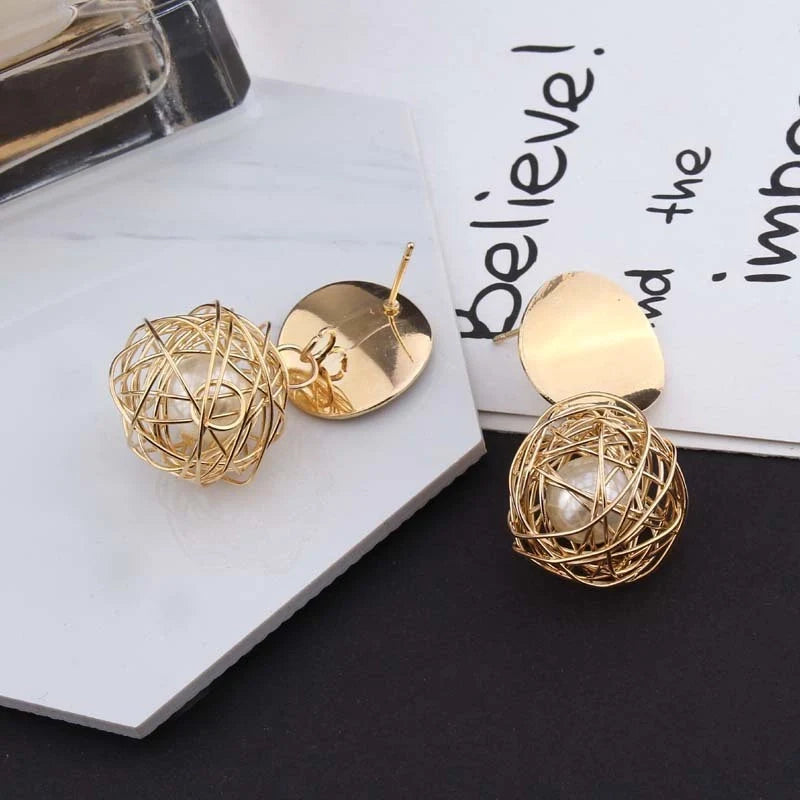 Vintage Geometric Earrings with woven ball and pearl stud design, 4.5cm length
