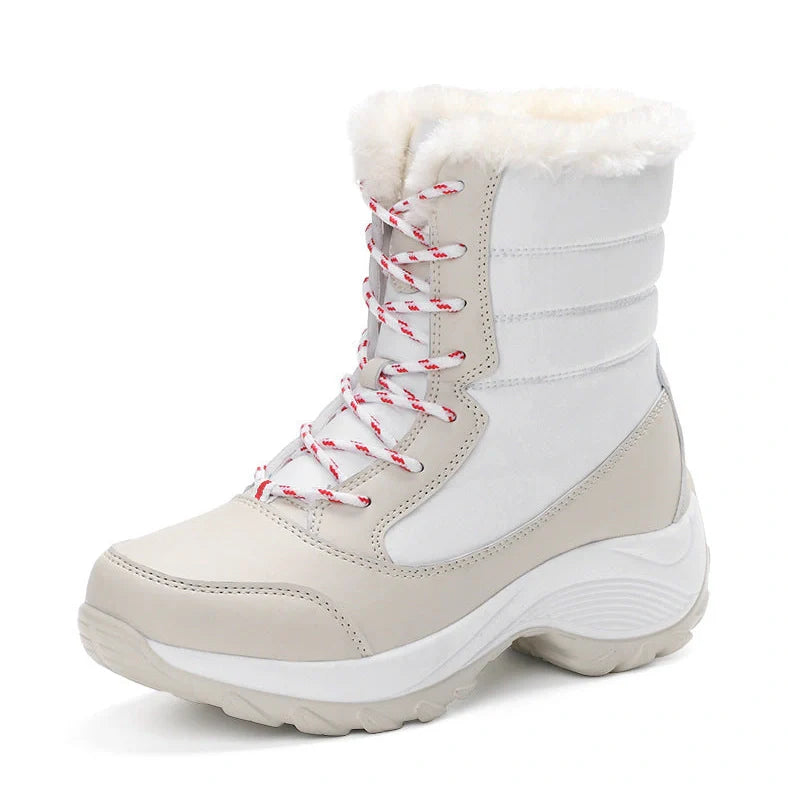 Women's velvet high-top snow boots with wedge heel and artificial hair lining in winter setting
