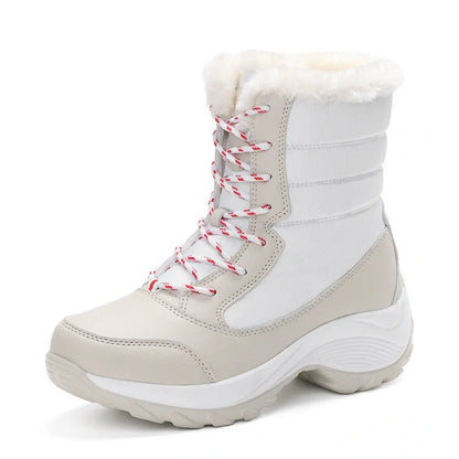 Women's velvet high-top snow boots with wedge heel and artificial hair lining in winter setting