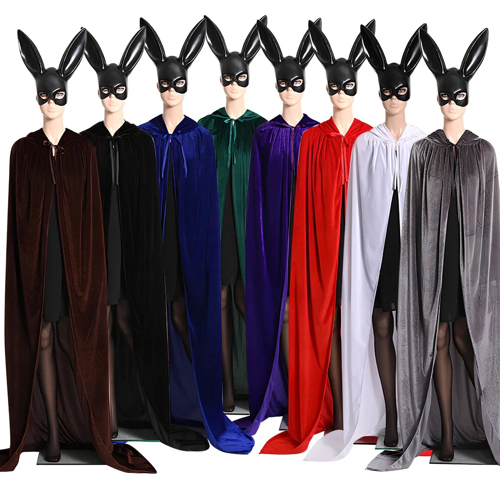 Golden velvet Halloween cloak in purple, 130 cm length with 48 cm hood and neck tie for wizard cosplay